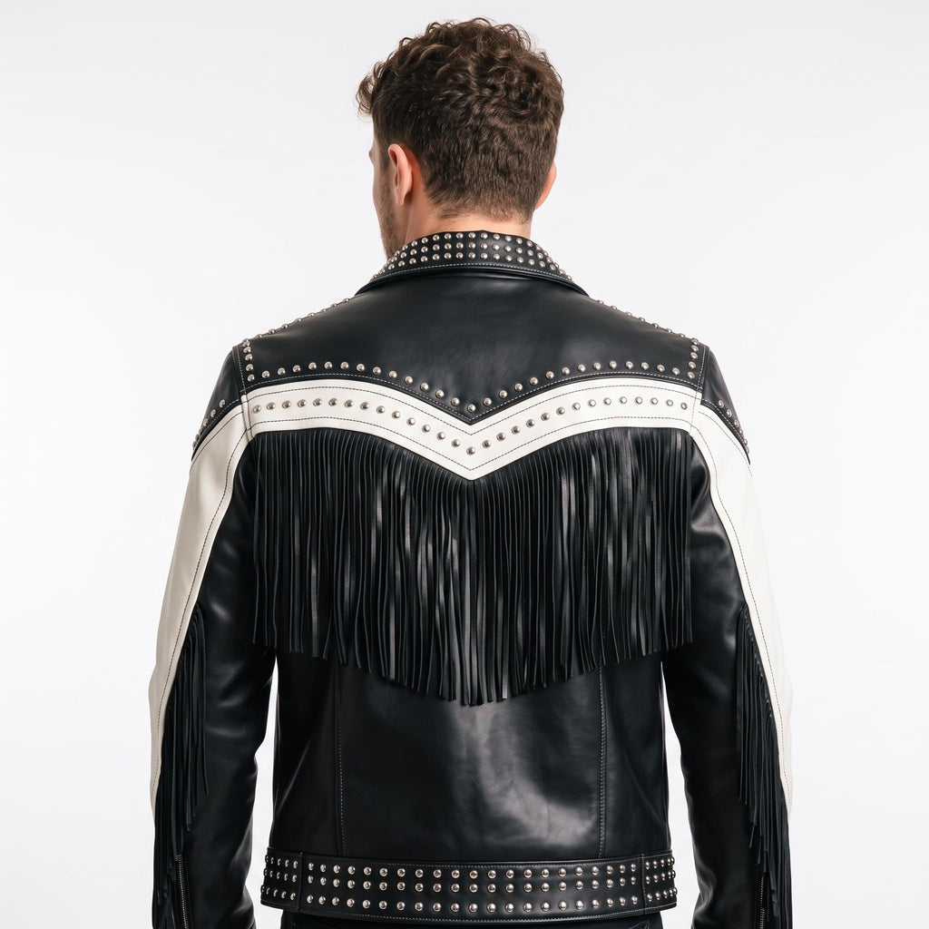 Handmade Western Fringe Leather Jacket: Studded Cowboy Biker Coat