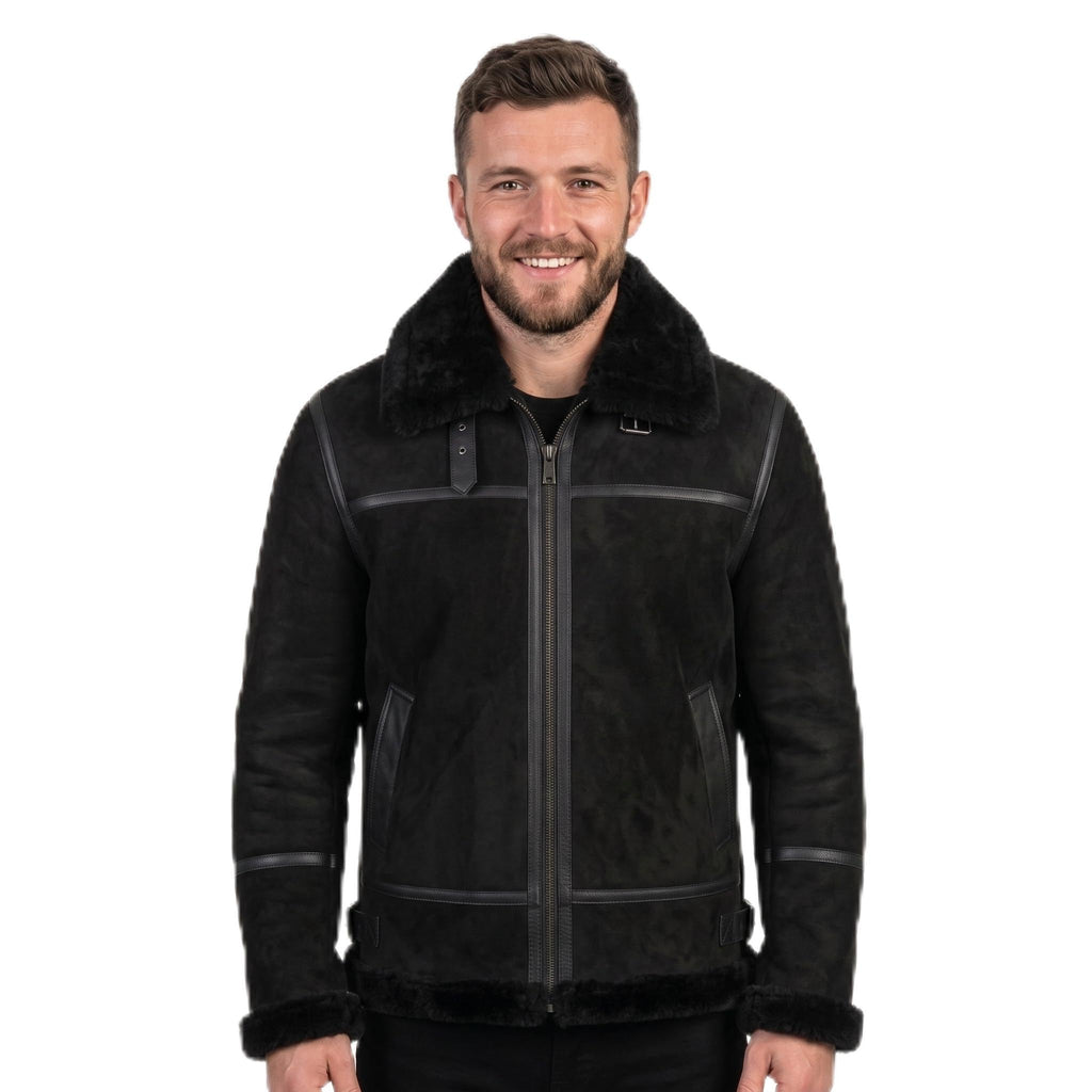Timber&Hide Black Suede Lamb Shearling Biker Jacket with Buckle Collar – Premium Suede Shearling Jacket
