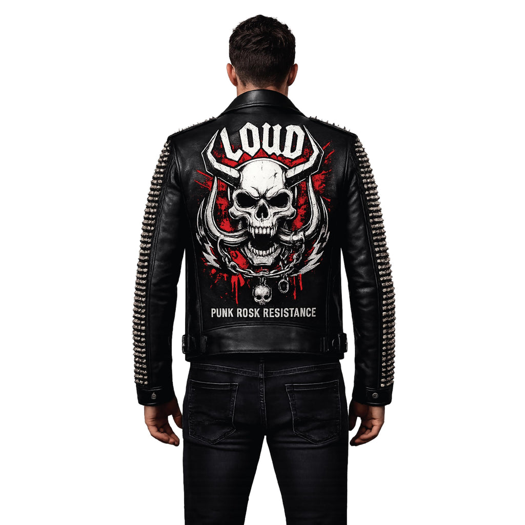 Timber&Hide Handmade Studded Leather Biker Jacket: Punk Rock Gothic Patchwork | Halloween Costume