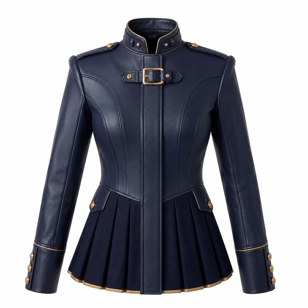 Navy Blue Leather Peplum Jacket: Victorian Military Officer Style Blazer