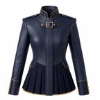 Navy Blue Leather Peplum Jacket: Victorian Military Officer Style Blazer