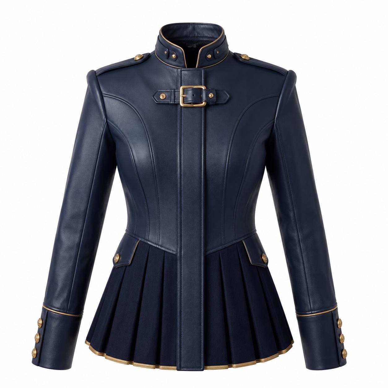 Navy Blue Leather Peplum Jacket: Victorian Military Officer Style Blazer