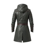 Men's Hooded Leather Assassin Coat: Dark Fantasy Ranger Trench Jacket