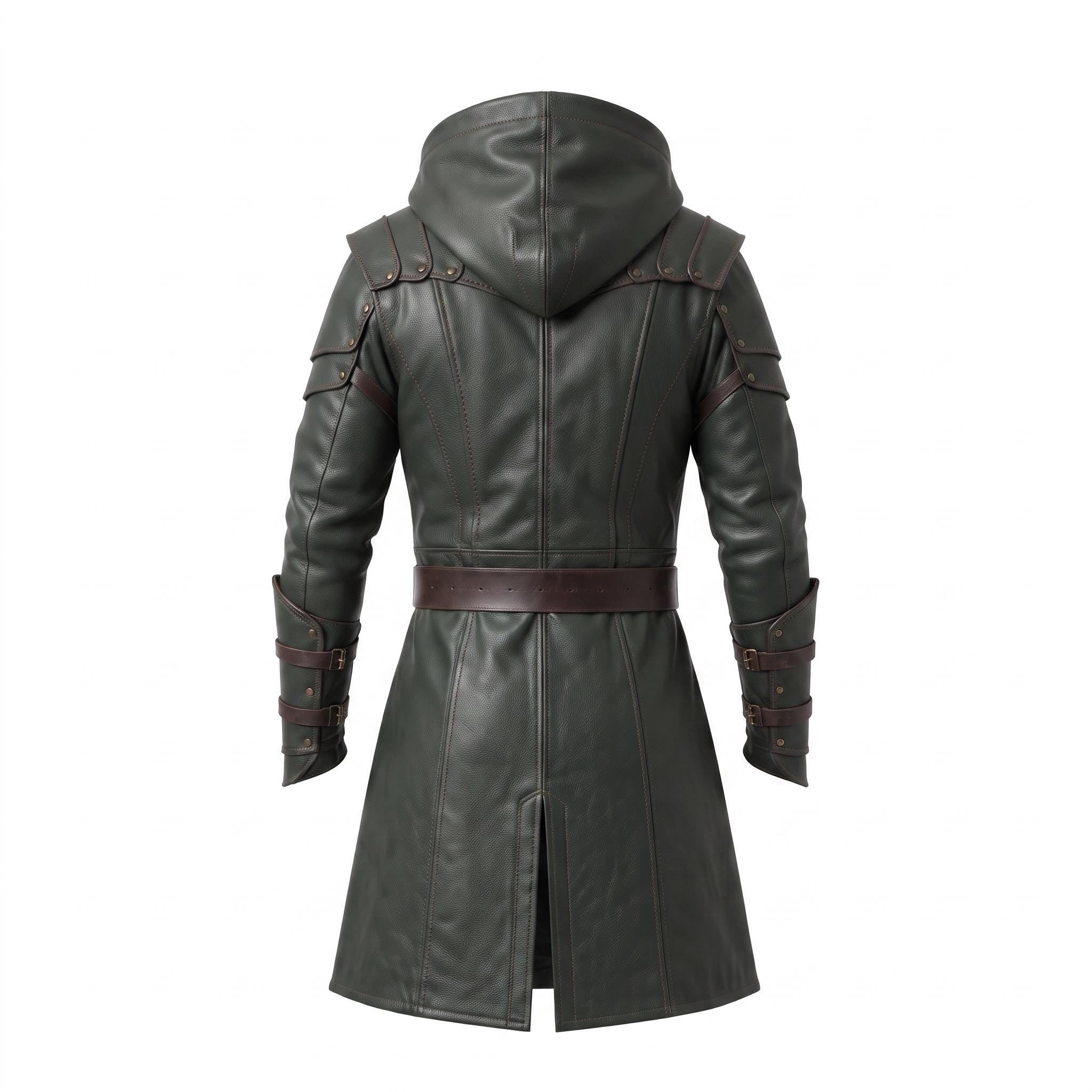 Men's Hooded Leather Assassin Coat: Dark Fantasy Ranger Trench Jacket