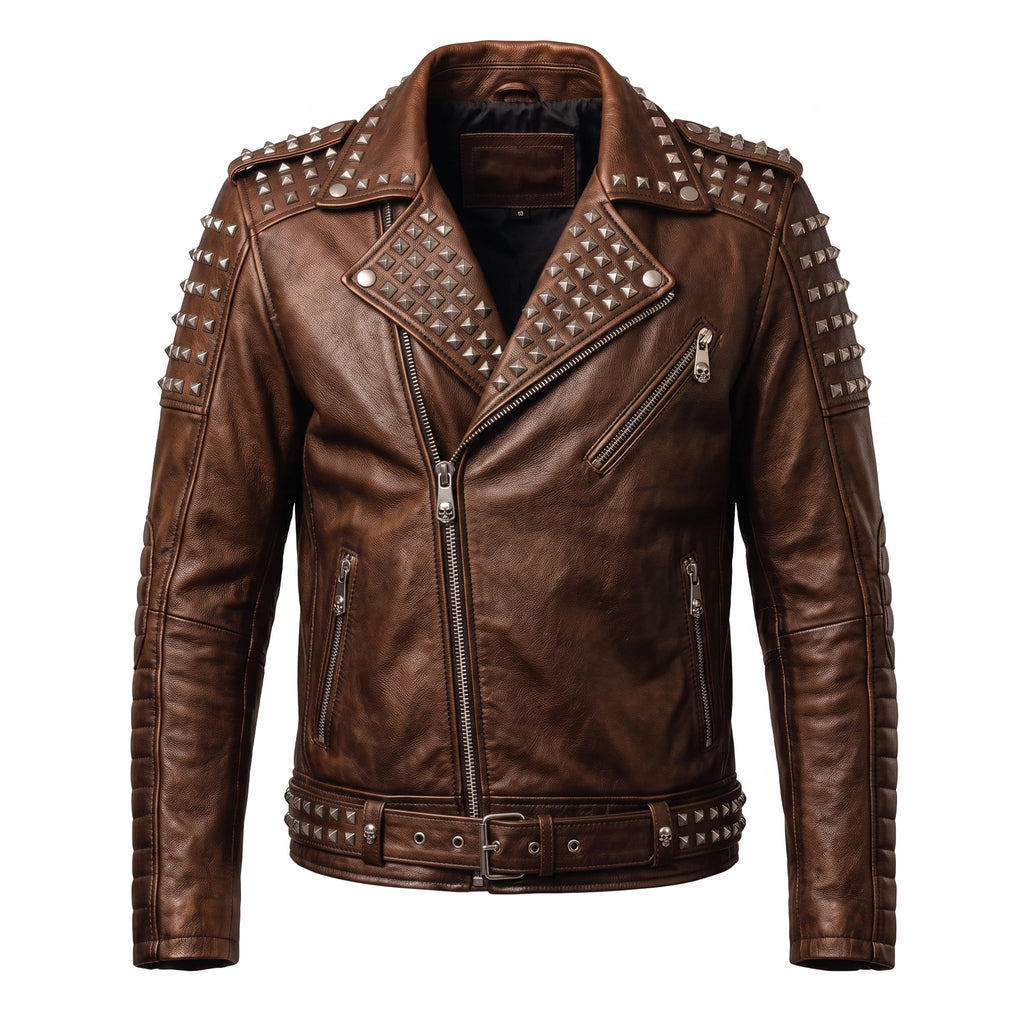 Timber&Hide Handmade Men's Black Leather Studded Biker Jacket | Custom Demon Skull Punk Rock Design