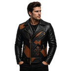 Timber&Hide Men's Patchwork Leather Biker Jacket | Handmade Motorcycle Jacket | Gothic Cross Back Patch | Vintage Cafe Racer Coat | Genuine Leather Jacket