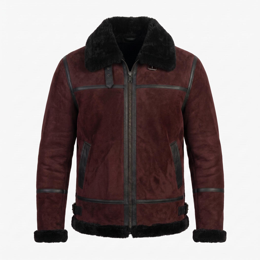Men's Suede Shearling Aviator Jacket, Brown Leather Trim Biker Style