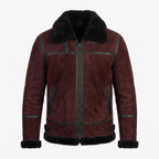 Men's Suede Shearling Aviator Jacket, Brown Leather Trim Biker Style
