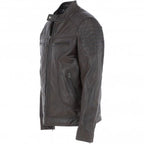 Men's Black Leather Biker Jacket with Zip Front, Multiple Pockets