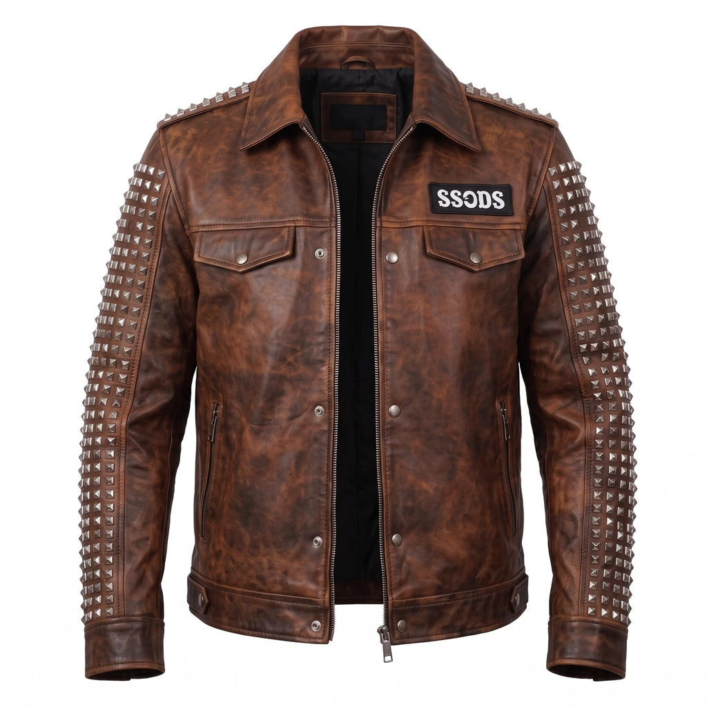 Timber&Hide Handmade Studded Leather Biker Jacket: Punk Rock Gothic Patchwork | Halloween Costume
