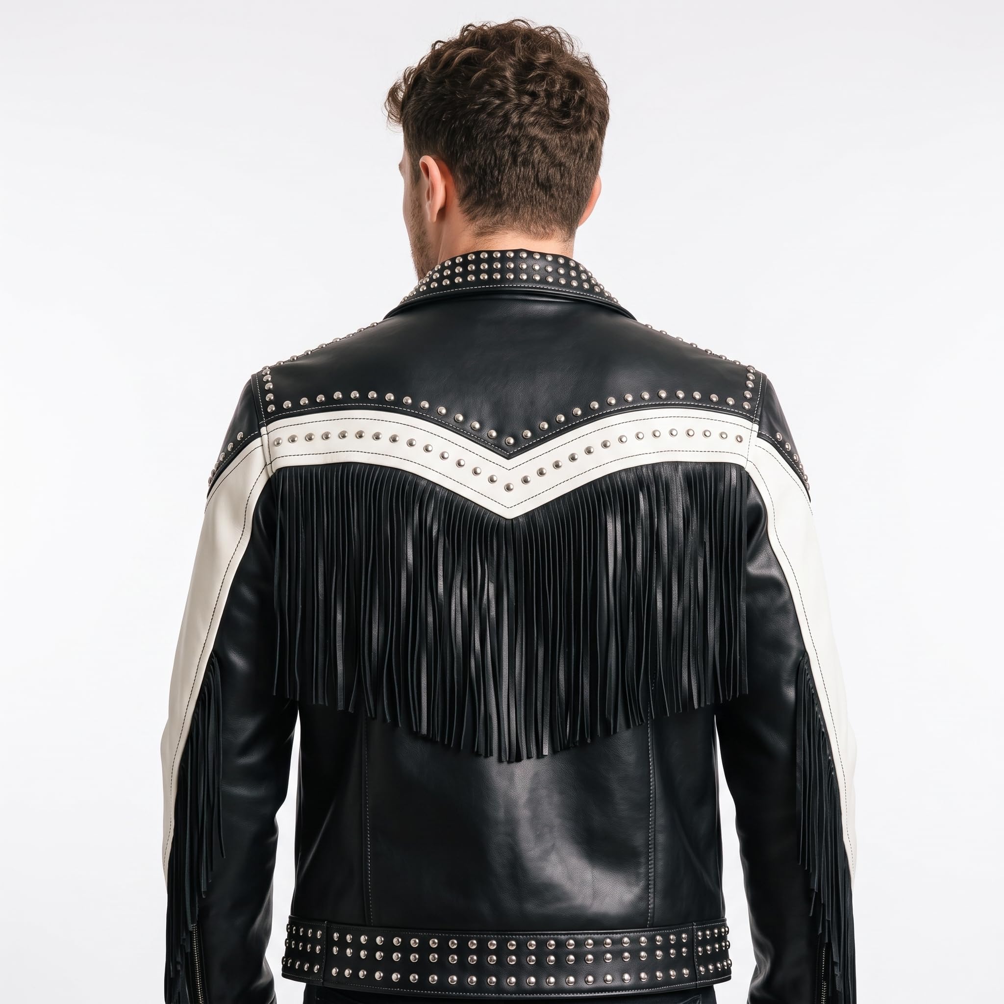 Handmade Western Fringe Leather Jacket: Studded Cowboy Biker Coat