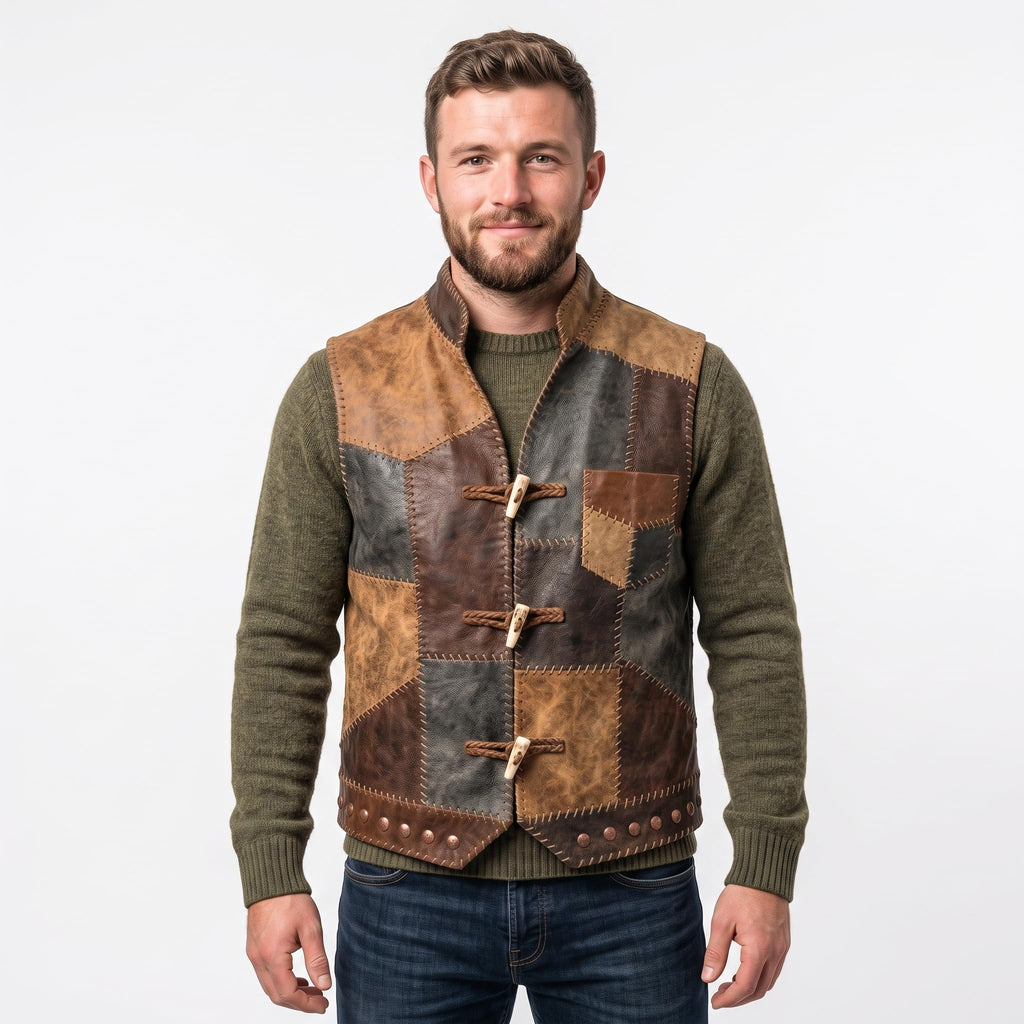 Timber&Hide Men's Patchwork Leather Vest|Handmade Genuine Leather Vest|Vintage Patch Leather Vest|Rustic Biker Motorcycle Vest