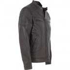 Men's Black Leather Biker Jacket with Zip Front, Multiple Pockets