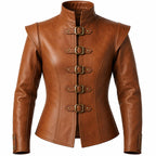 Handmade Cognac Leather Doublet Jacket | Medieval Sword Detail, Renaissance Cosplay