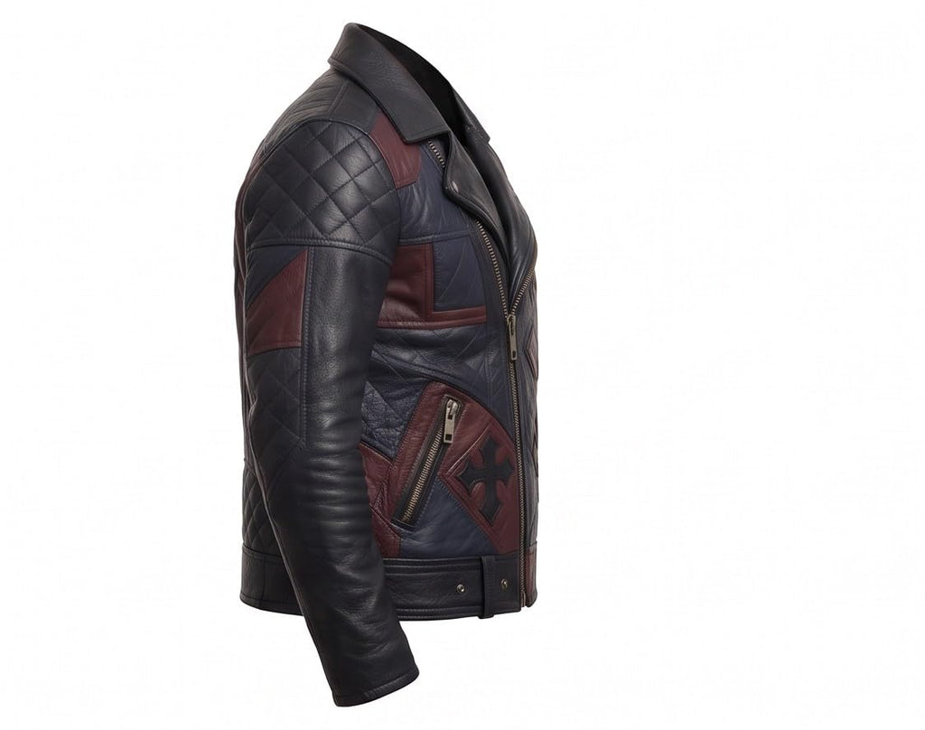 Timber&Hide Men’s Black Leather Biker style Moto jacket with Cross Design Gothic Punk Motorcycle Style