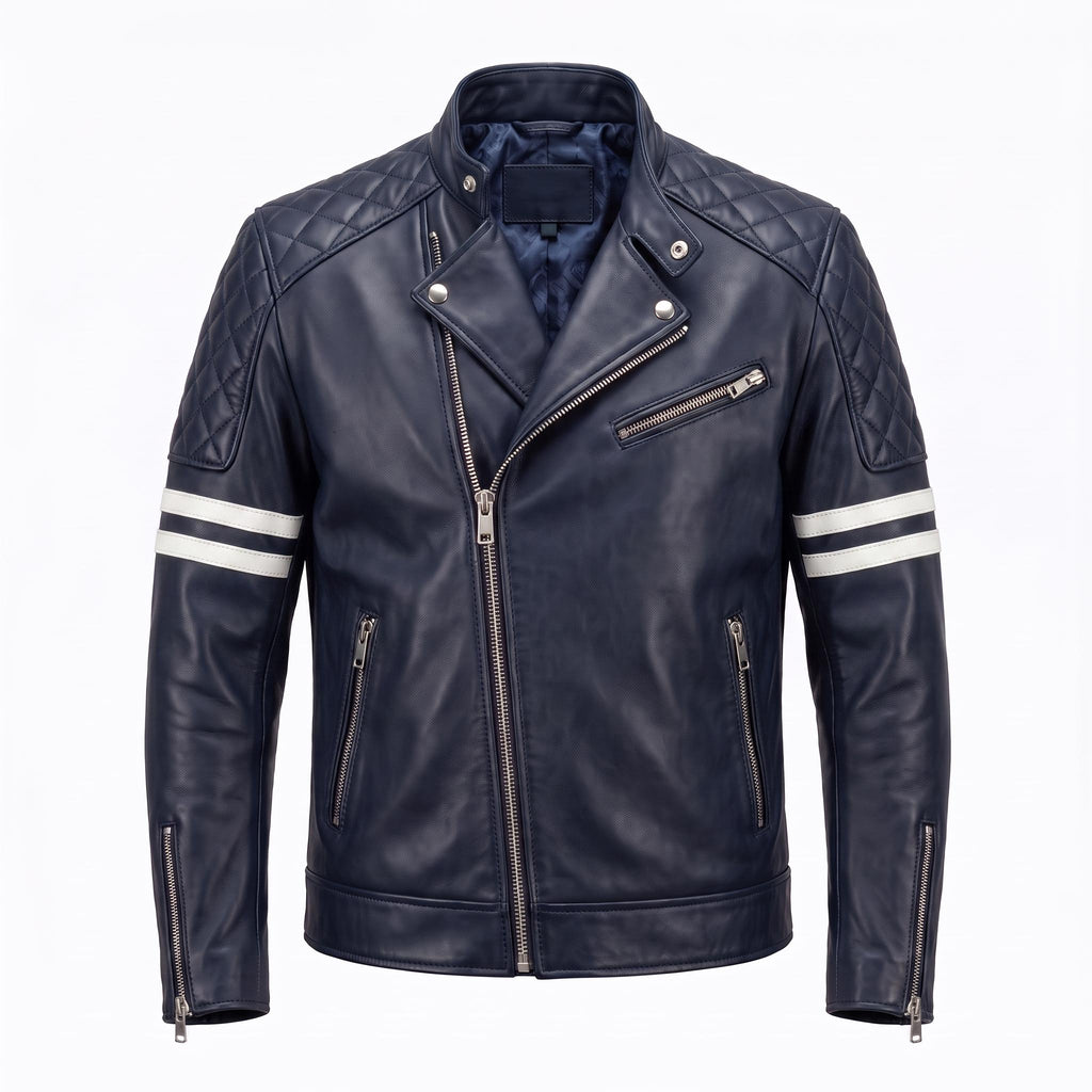 Vintage Royal Blue Leather Biker Jacket | Flaming Skull Back Graphic