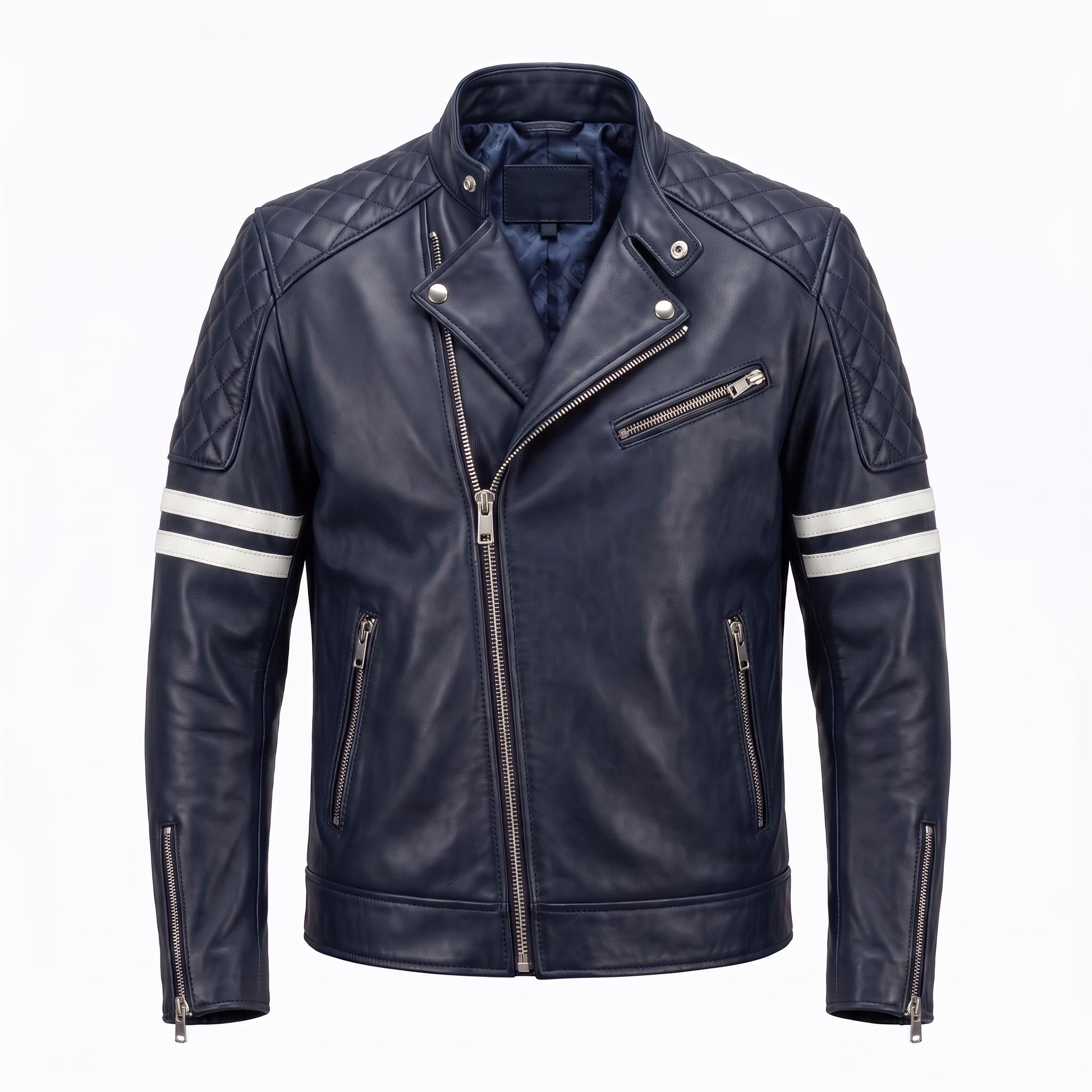 Vintage Royal Blue Leather Biker Jacket | Flaming Skull Back Graphic