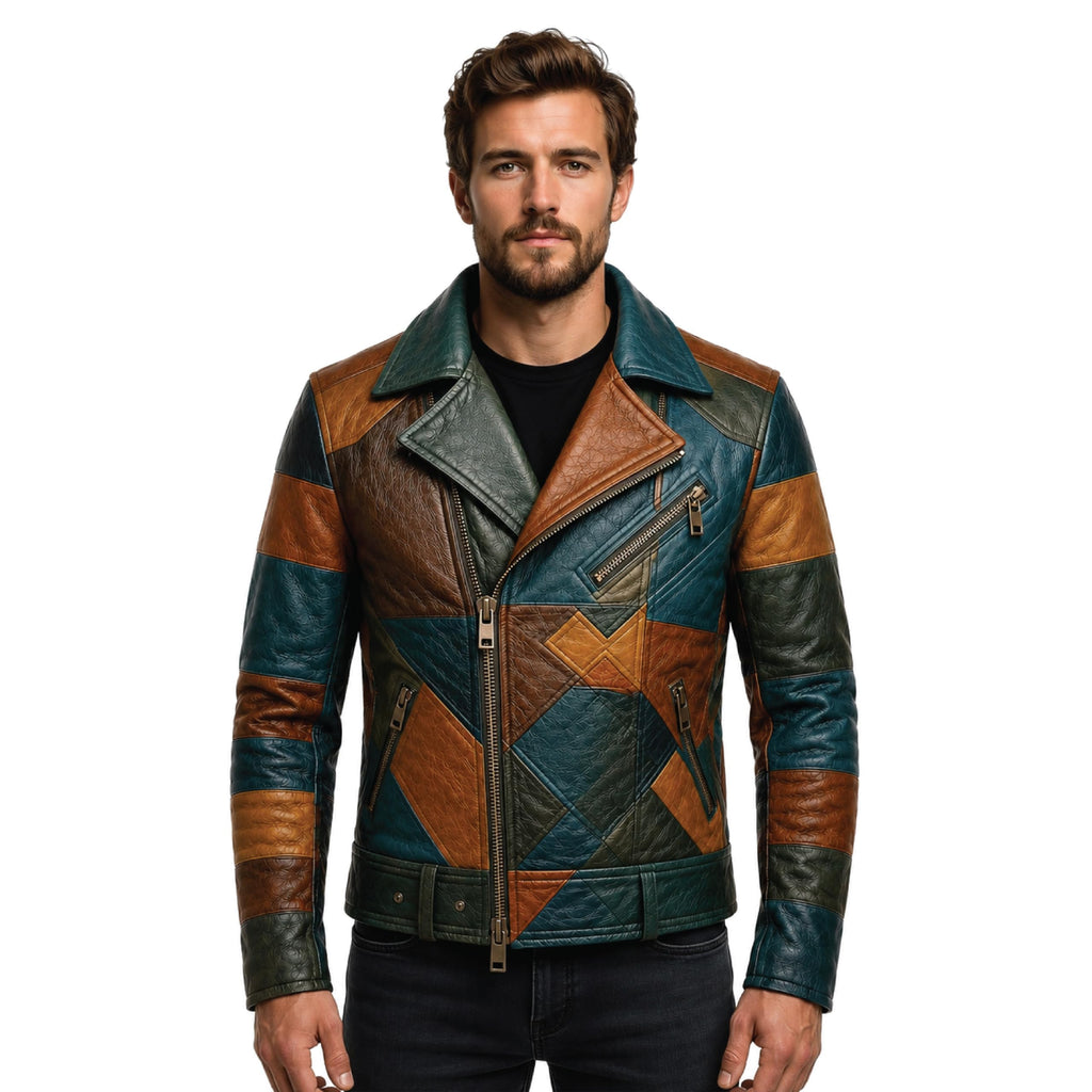 Timber&Hide Men's Patchwork Leather Biker Jacket | Handmade Motorcycle Jacket | Gothic Cross Back Patch | Vintage Cafe Racer Coat | Genuine Leather Jacket