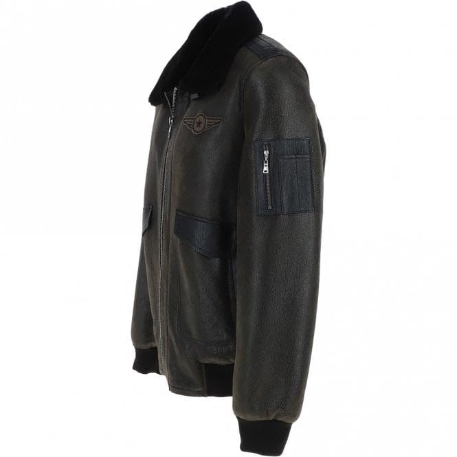 Premium Leather Aviator Jacket with Detachable Collar Black/Cream