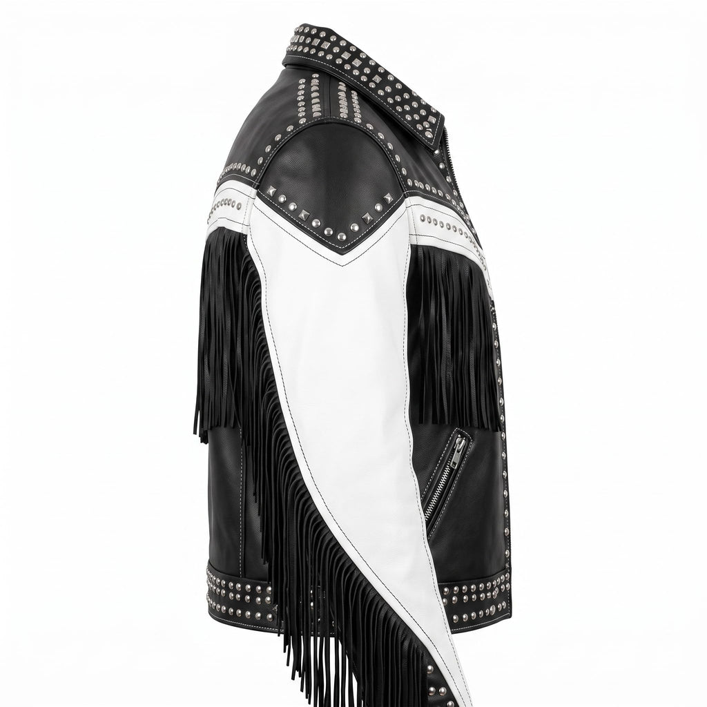 Handmade Western Fringe Leather Jacket: Studded Cowboy Biker Coat