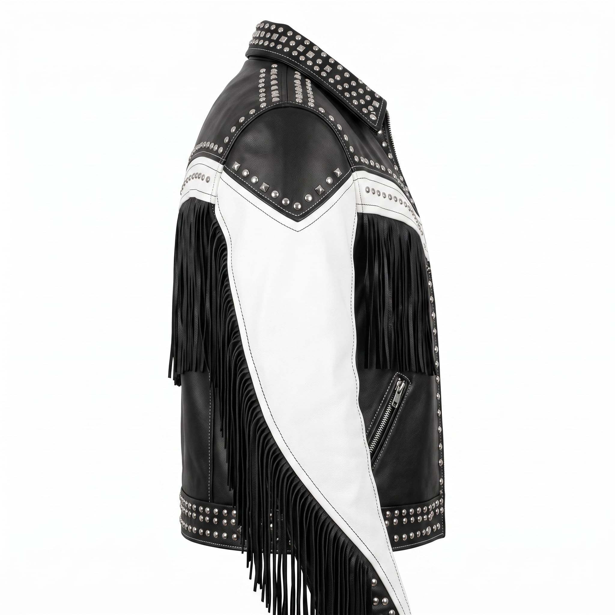 Handmade Western Fringe Leather Jacket: Studded Cowboy Biker Coat