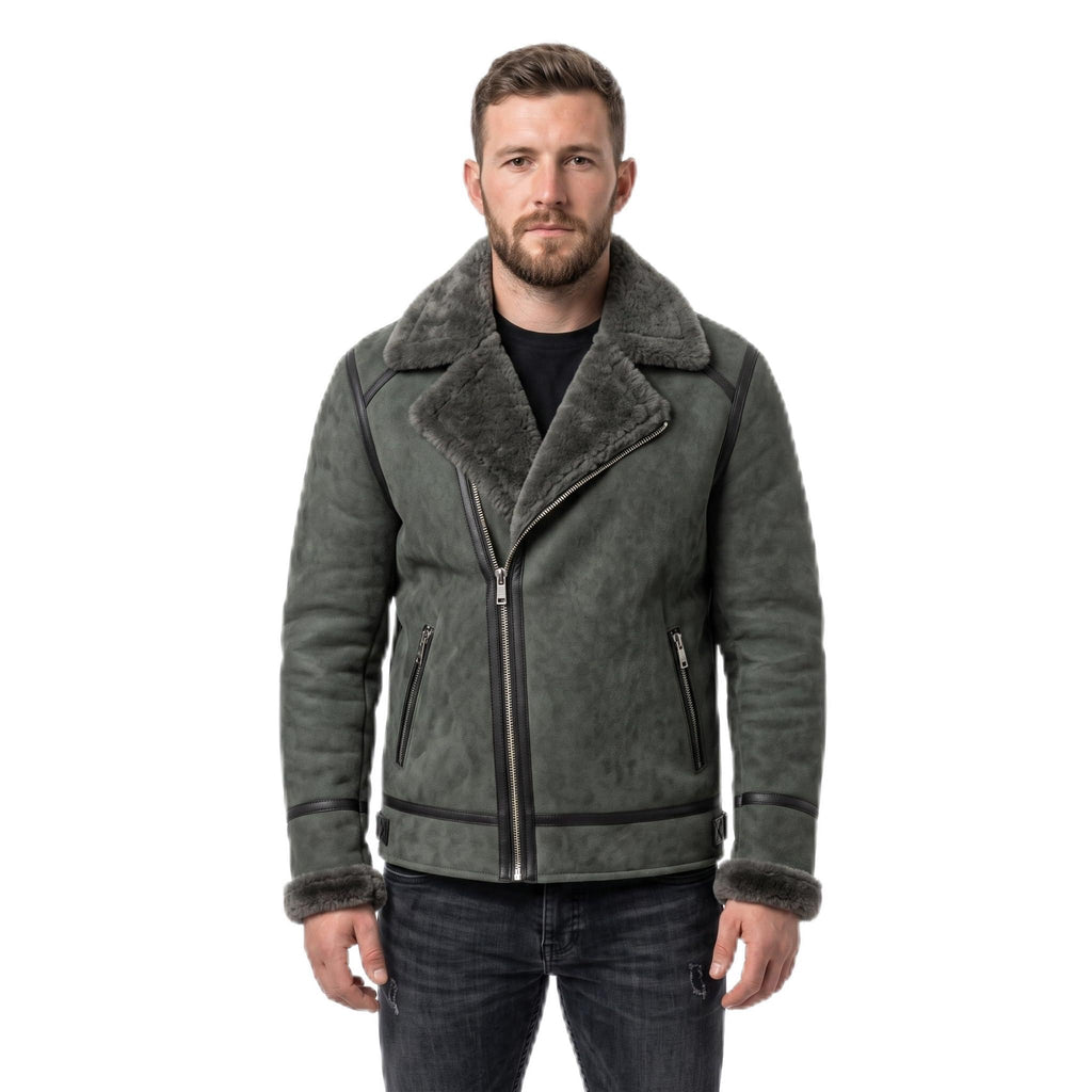Timber&Hide Black Suede Lamb Shearling Biker Jacket with Buckle Collar – Premium Suede Shearling Jacket