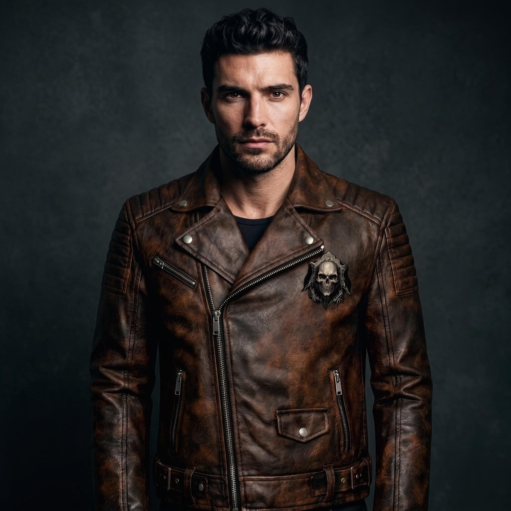 motorcycle jacket with skull back | brown leather biker jacket | vintage moto style