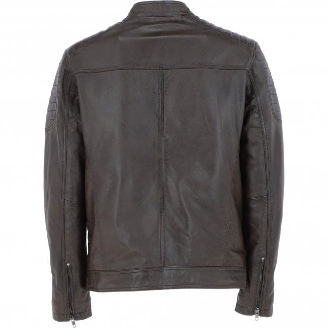 Men's Black Leather Biker Jacket with Zip Front, Multiple Pockets