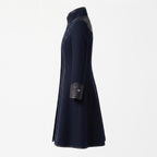 Navy Wool Coat with Leather Trim, Buckle Front, Dark Academia Style Jacket
