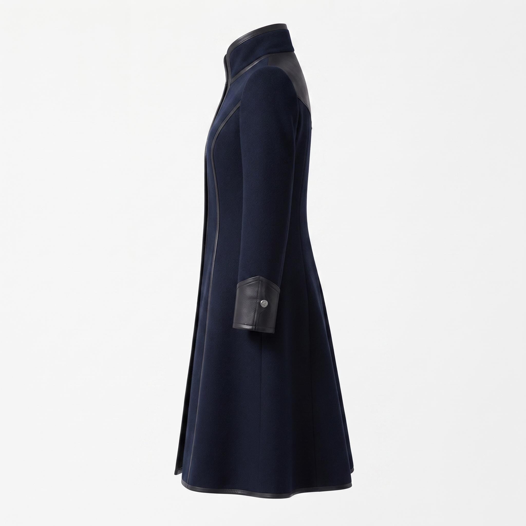 Navy Wool Coat with Leather Trim, Buckle Front, Dark Academia Style Jacket