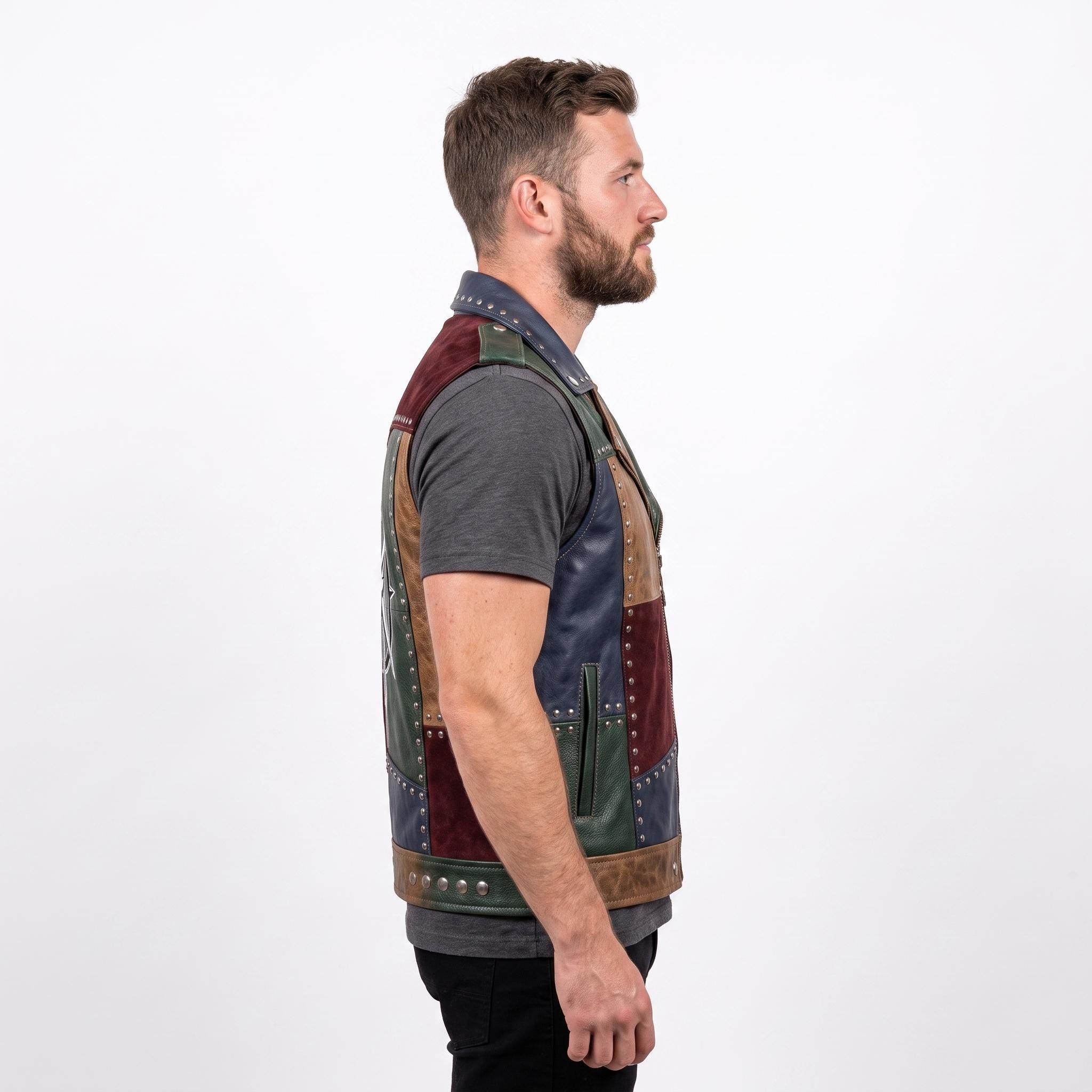 Men's Patchwork Leather Biker Vest | Studded Jacket with Printed Back