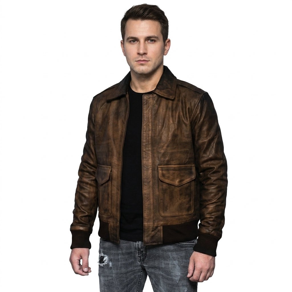 Distressed Brown Leather Jacket A2 Navy Flight - Timber AND Hide
