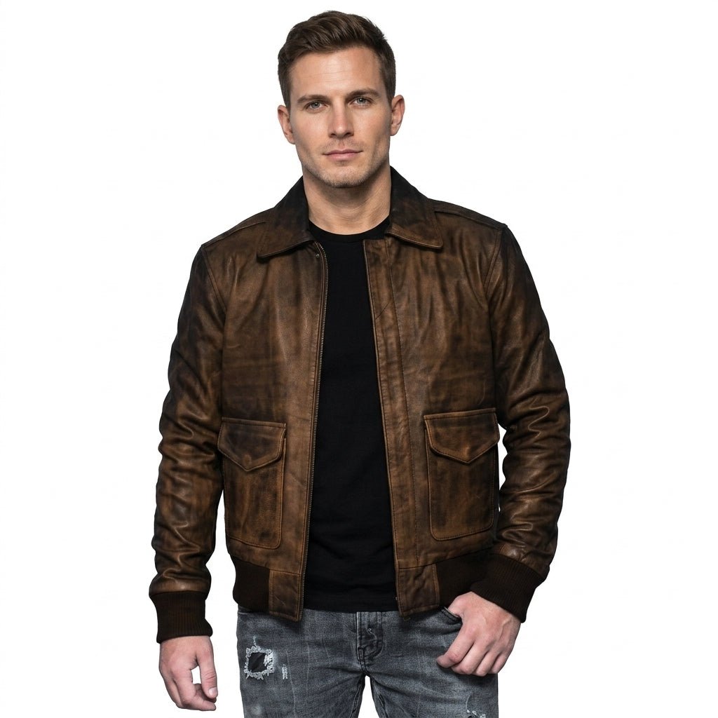 Distressed Brown Leather Jacket A2 Navy Flight - Timber AND Hide
