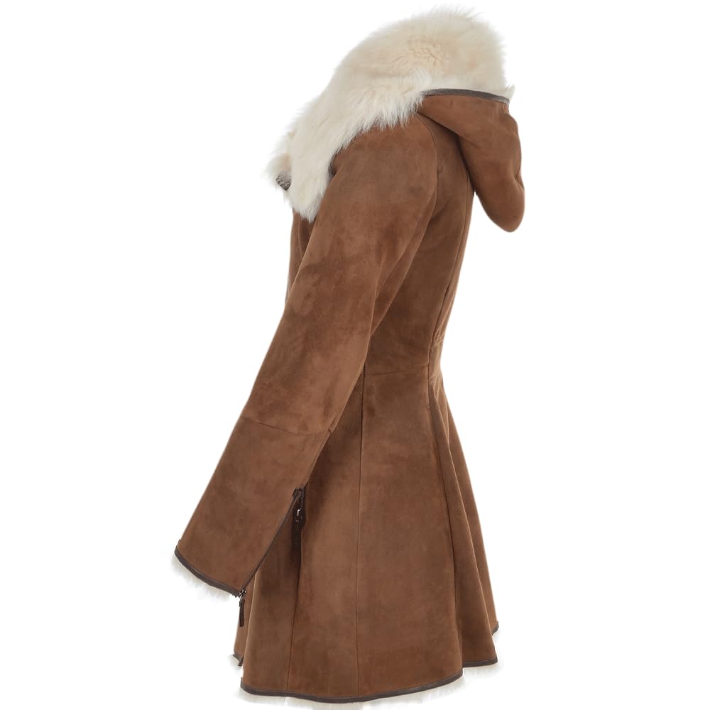 Timber&Hide Hooded Toscana Coat Brown with Shearling Trim – Women Toscano Sheepskin Jacket in Toscano Leather