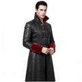 Gothic Black Faux-Leather Trench Coat with Red Accents – Victorian Duster Jacket