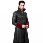 Gothic Black Faux-Leather Trench Coat with Red Accents – Victorian Duster Jacket