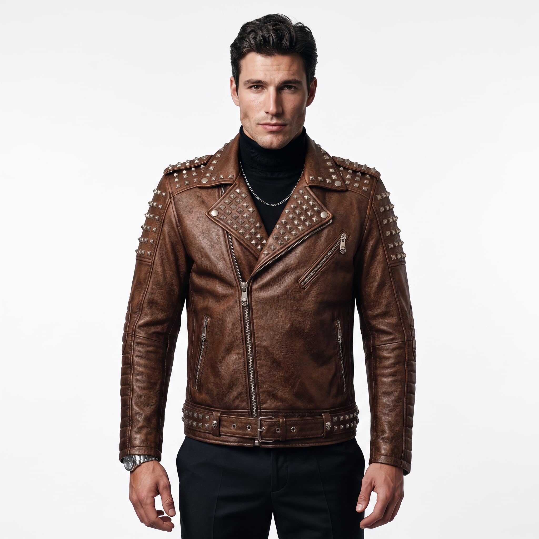 Timber&Hide Handmade Men's Black Leather Studded Biker Jacket | Custom Demon Skull Punk Rock Design