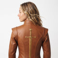 Handmade Cognac Leather Doublet Jacket | Medieval Sword Detail, Renaissance Cosplay