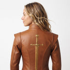 Handmade Cognac Leather Doublet Jacket | Medieval Sword Detail, Renaissance Cosplay