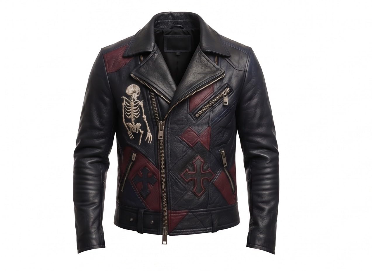 Timber&Hide Men’s Black Leather Biker style Moto jacket with Cross Design Gothic Punk Motorcycle Style
