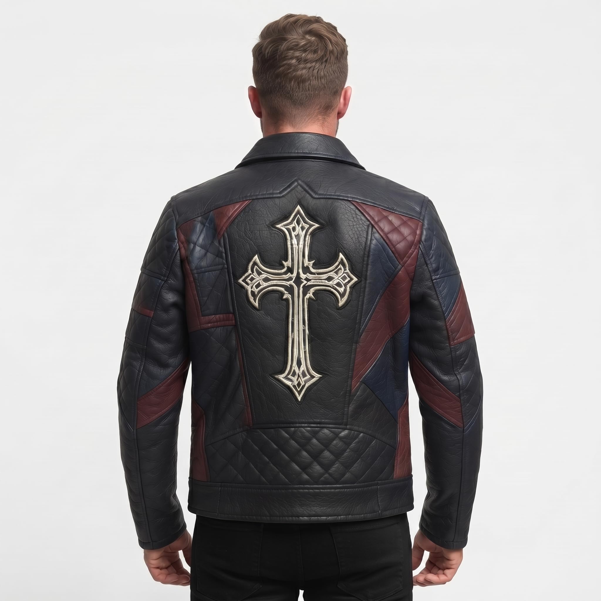 Timber&Hide Men’s Black Leather Biker style Moto jacket with Cross Design Gothic Punk Motorcycle Style