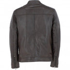 Men's Black Leather Biker Jacket with Zip Front, Multiple Pockets