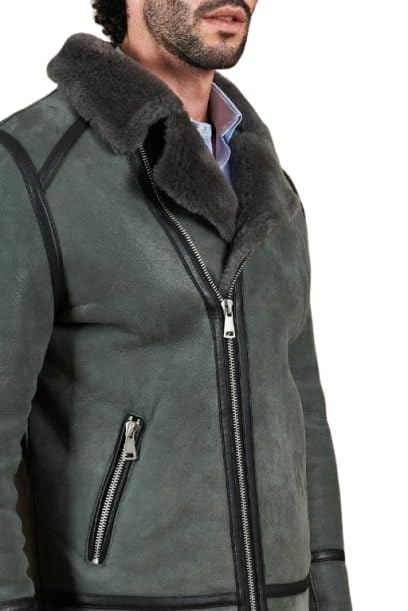 Jasper Grey Shearling Biker Jacket with Cross Zipper – Suede Bomber Jacket