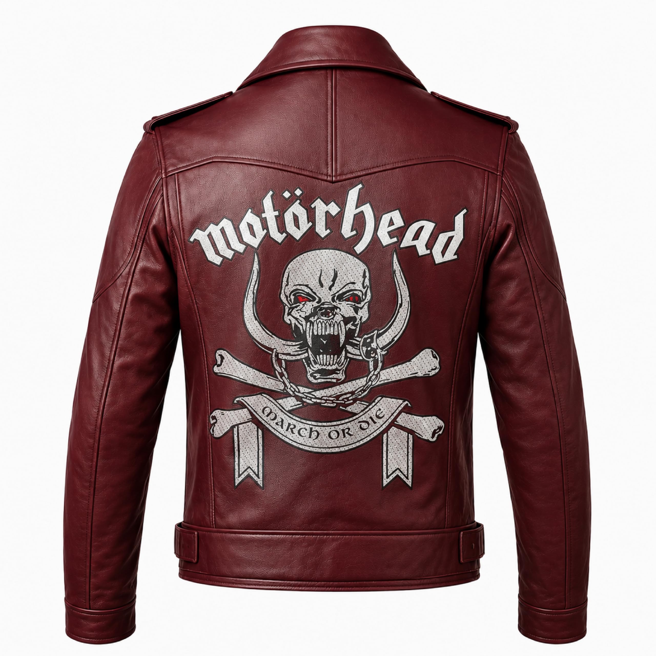 Timber&Hide Motorhead Inspired Leather Biker Jacket | Skull Printed Leather Jacket | Men's Burgundy Leather Motorcycle Jacket
