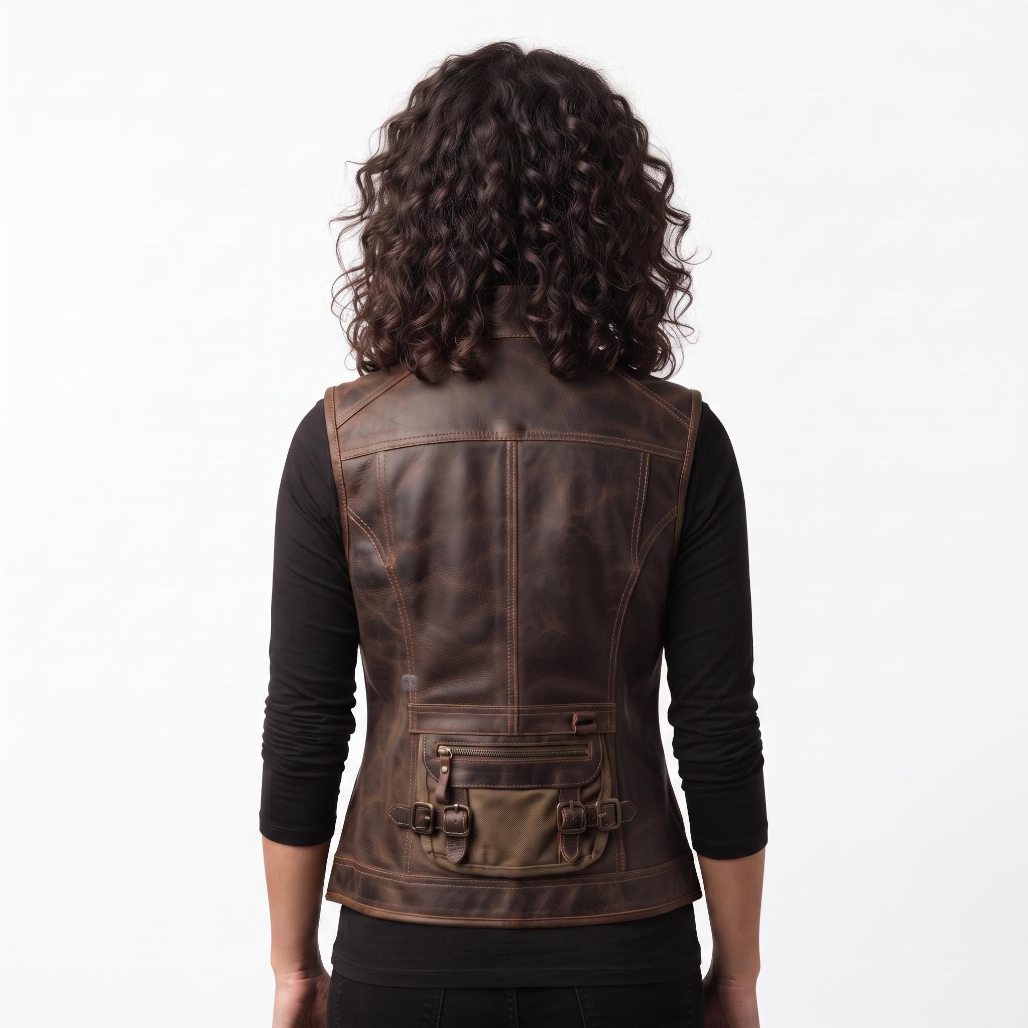 Women's Genuine Leather Utility Vest | Distressed Brown Travel Waistcoat