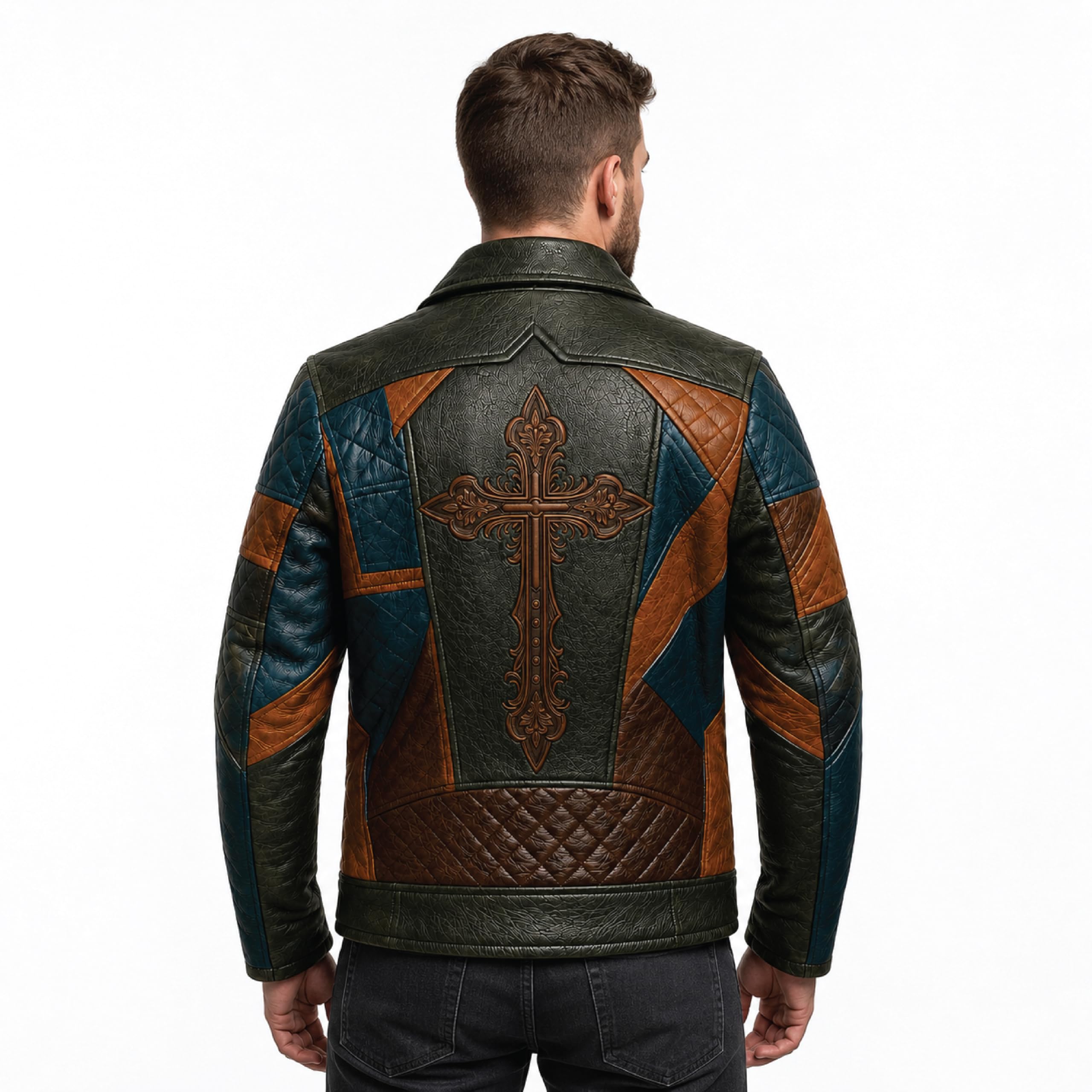 Timber&Hide Men's Patchwork Leather Biker Jacket | Handmade Motorcycle Jacket | Gothic Cross Back Patch | Vintage Cafe Racer Coat | Genuine Leather Jacket