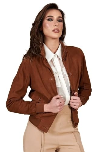 Faty Tan Suede Leather Bomber Jacket with Button Closure – Women's Classic Suede Jacket