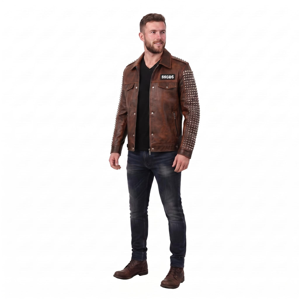 Timber&Hide Handmade Studded Leather Biker Jacket: Punk Rock Gothic Patchwork | Halloween Costume