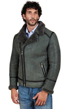 Jasper Grey Shearling Biker Jacket with Cross Zipper – Suede Bomber Jacket