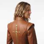 Handmade Cognac Leather Doublet Jacket | Medieval Sword Detail, Renaissance Cosplay